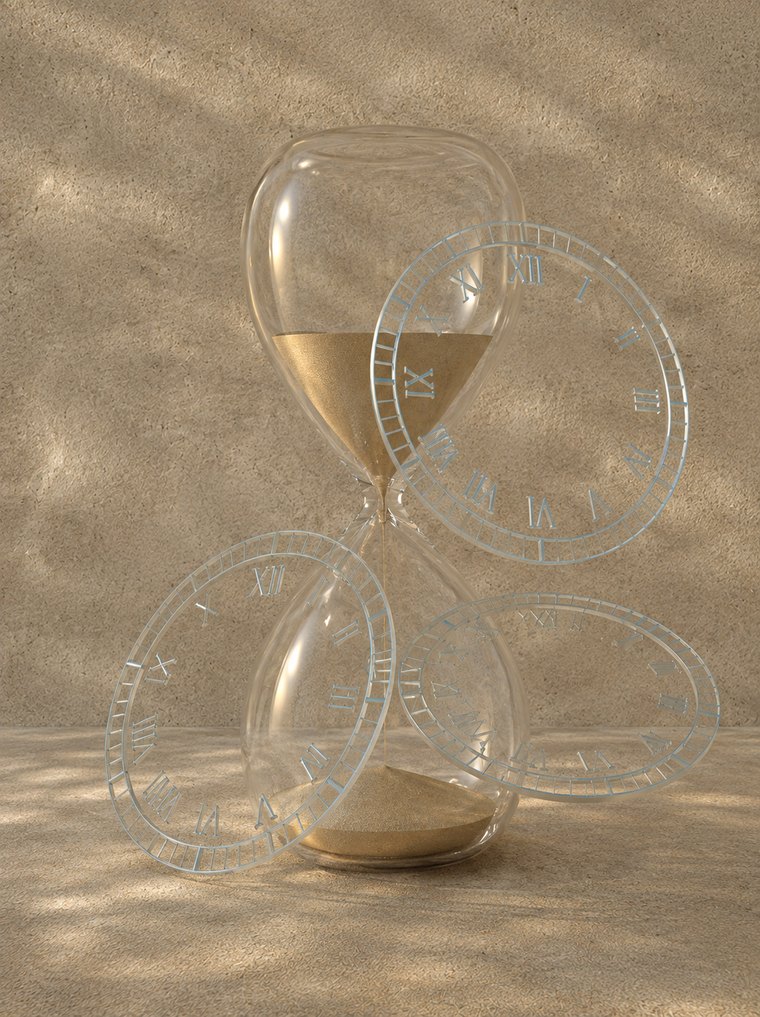 An hourglass with clock faces suspended around it
