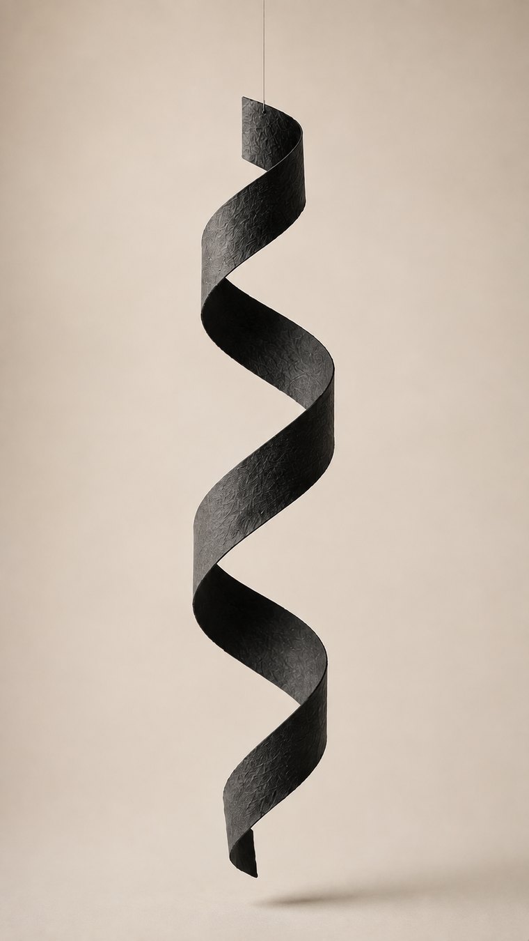 A black spiral hanging still in the air
